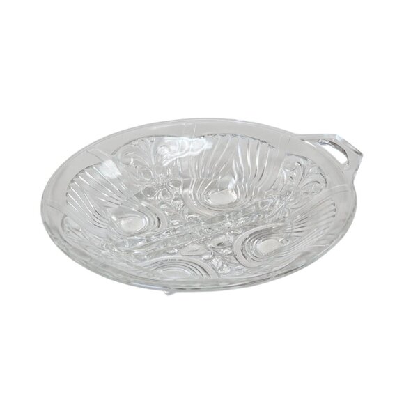 Vintage Clear Pressed Glass Divided Relish Dish With Ornate Design & Handle - Picture 2 of 5